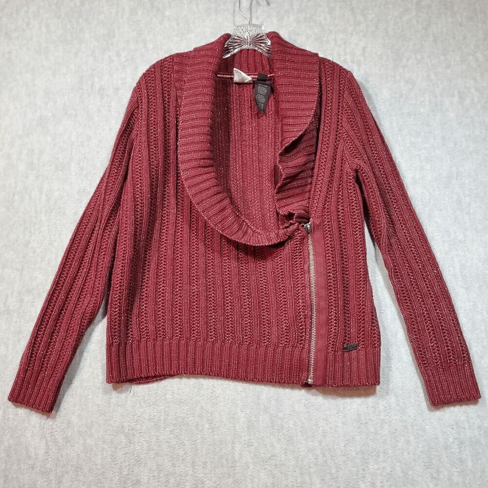 Harley Davidson Sweater Womens Large Red Shawl Collar Asymmetrical Zip Cardigan